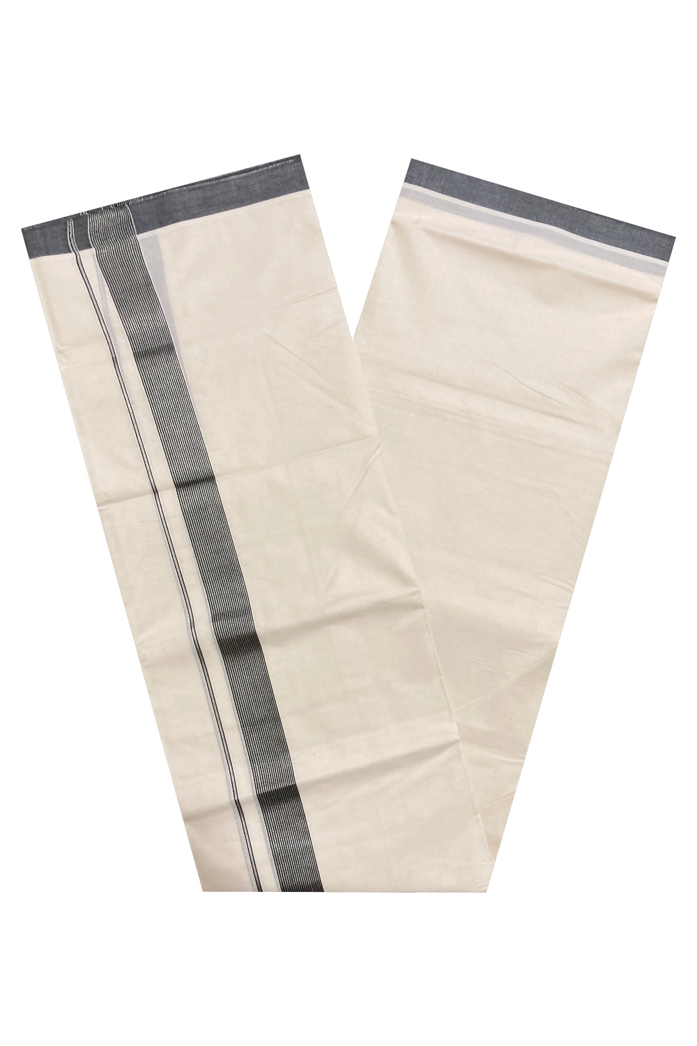 Off White Kerala Double Mundu with Silver Kasavu and Black Line Border (South Indian Dhoti)