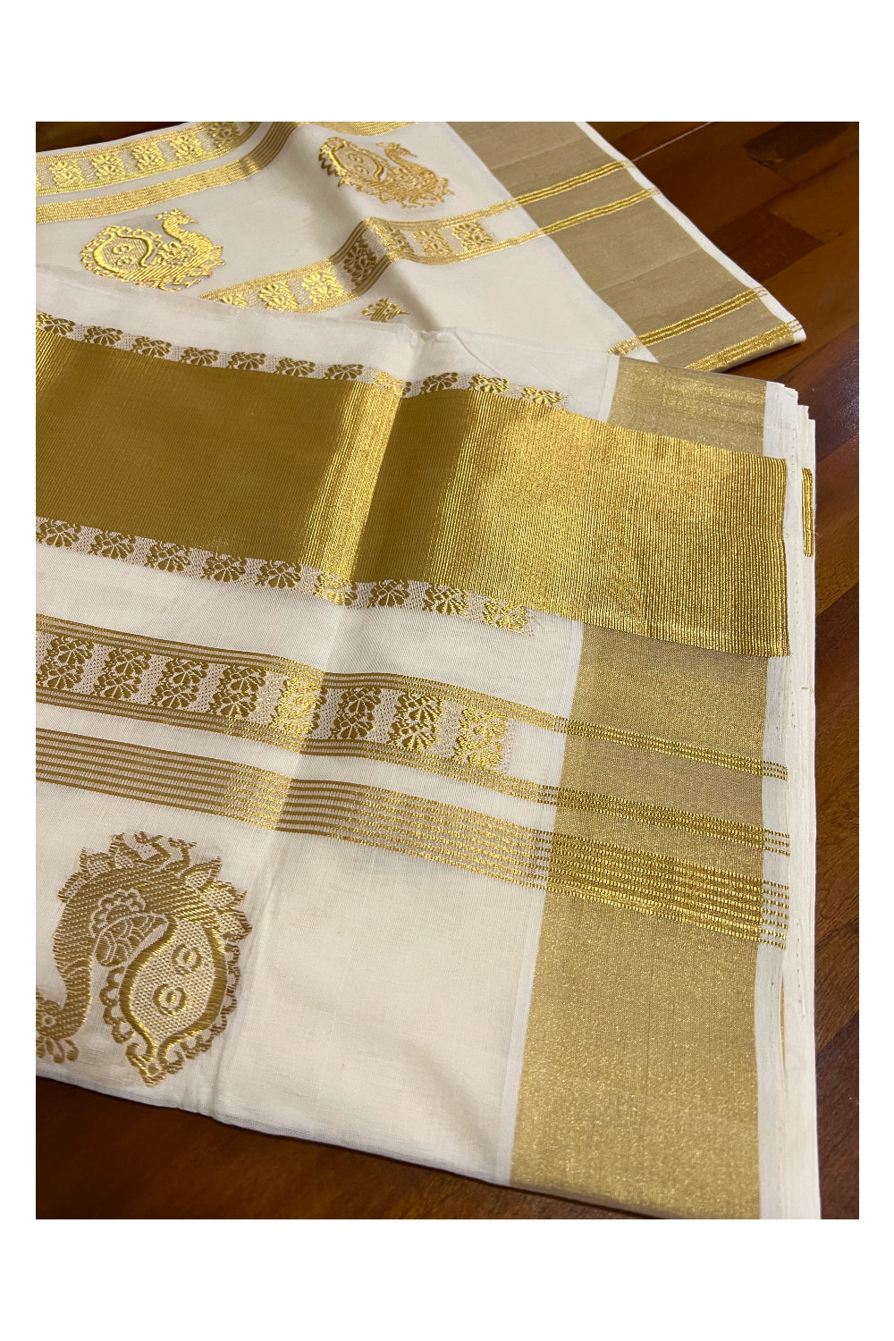 Southloom™ Original Handloom Cotton Kasavu Heavy Work Saree with Peacock Woven Design