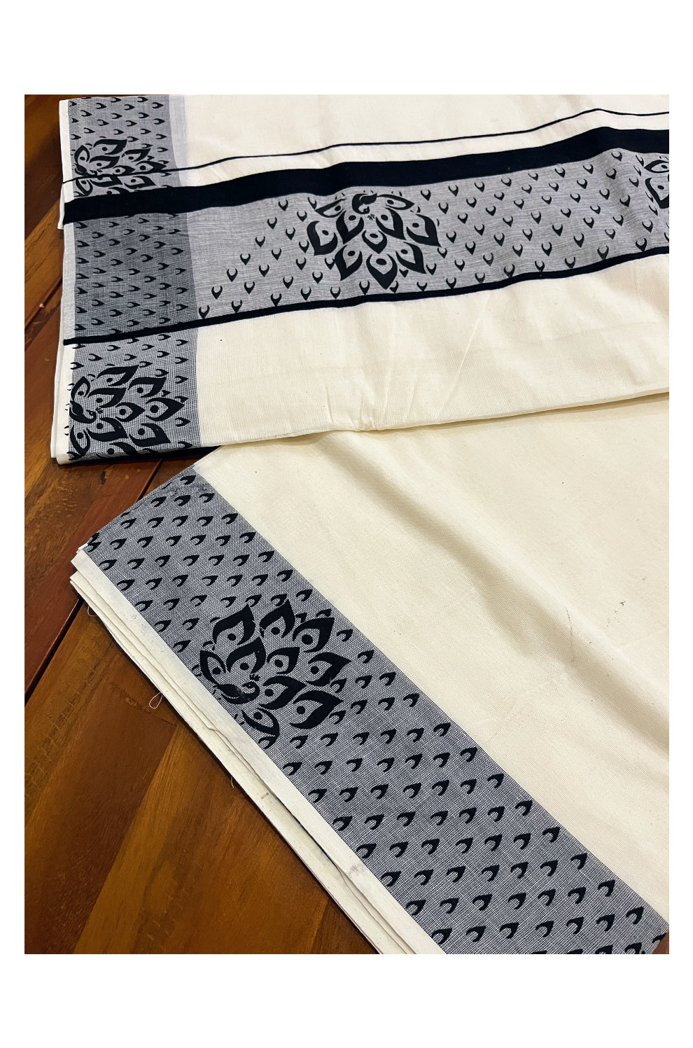 Pure Cotton Off White Kerala Saree with Black Block Prints on Border