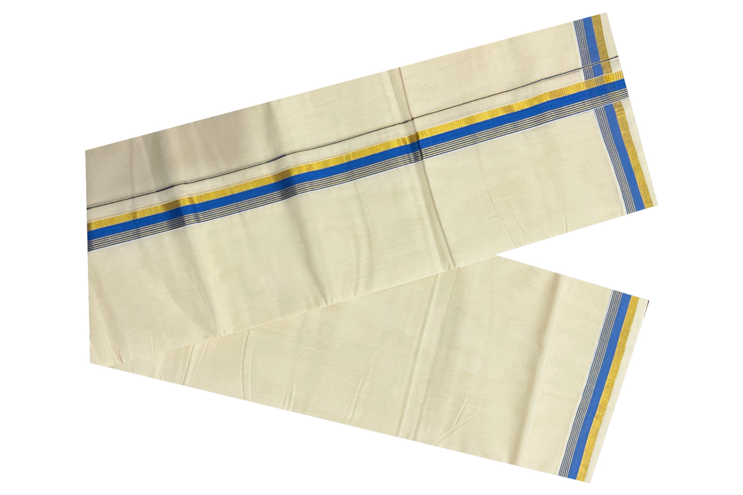 Southloom Balaramapuram Handloom Pure Cotton Mundu with Blue and Kasavu Border (South Indian Dhoti)