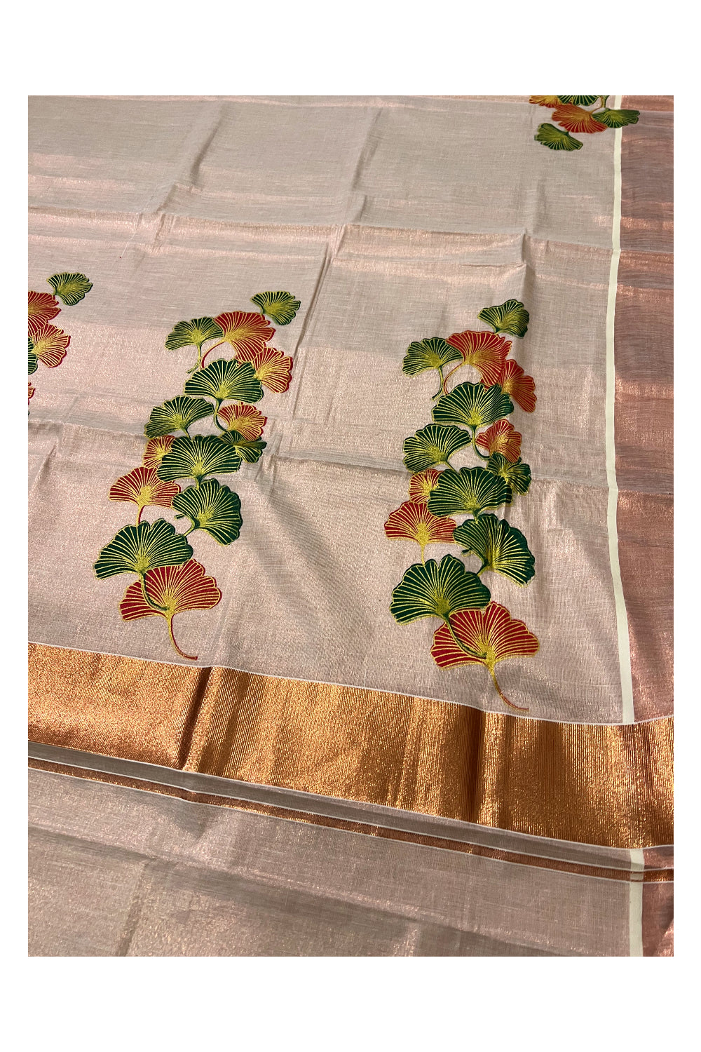 Kerala Copper Tissue Kasavu Saree With Mural Printed Light Green and Red Floral Design