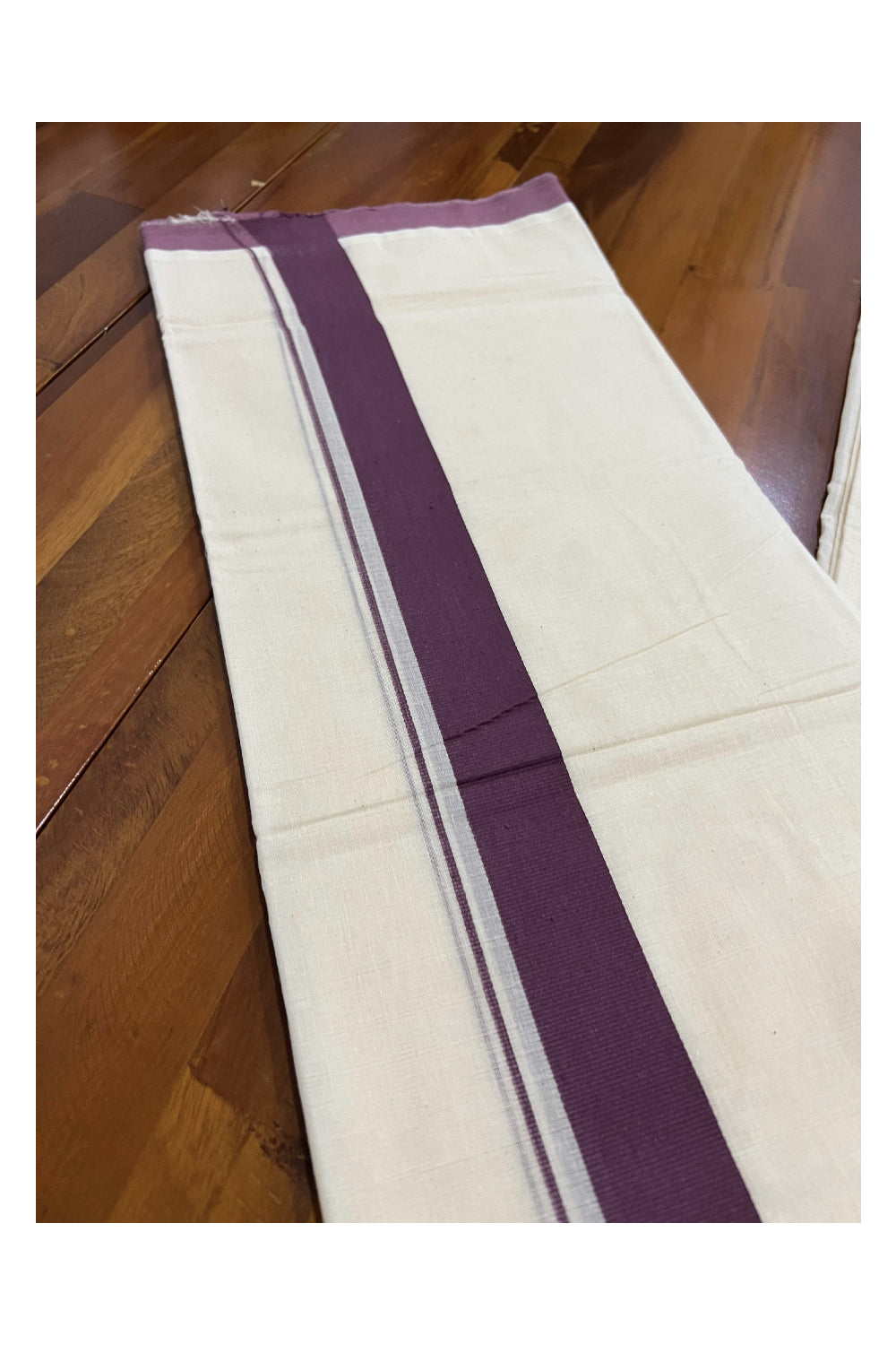 Off White Pure Cotton Double Mundu with Wine Colour Kara (South Indian Dhoti)