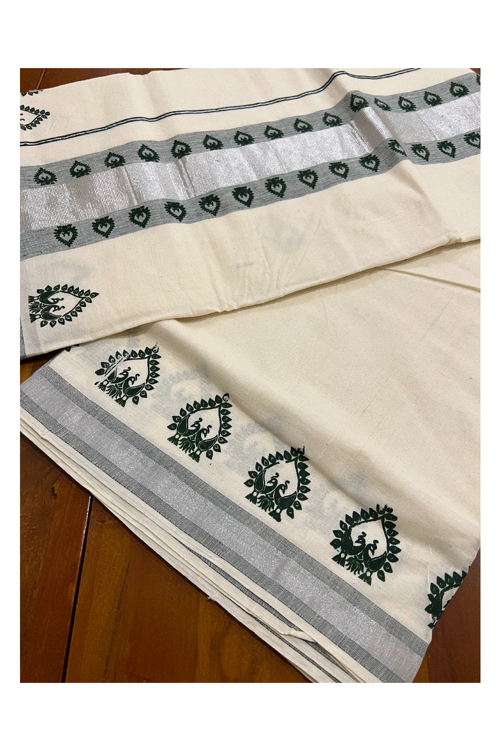 Kerala Silver Kasavu Saree with Green Block Print Design