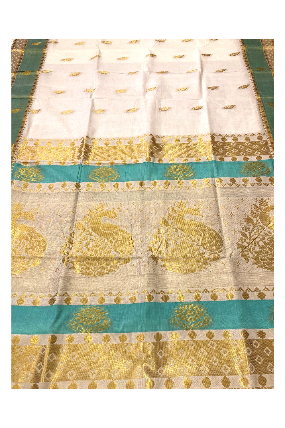 Pure Cotton Kerala Saree with Kasavu and Turquoise Floral Heavy Woven Works