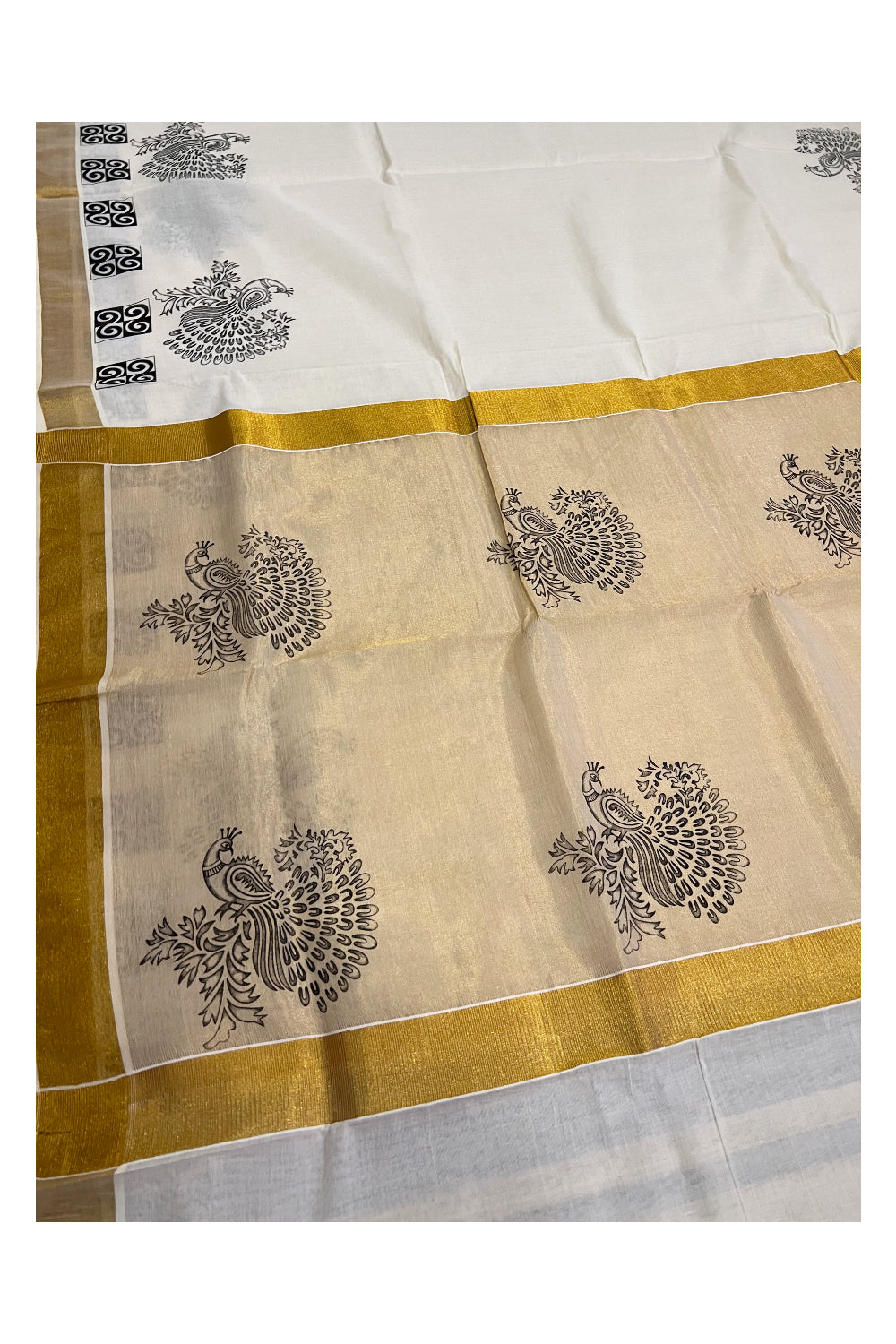 Kerala Cotton Kasavu Saree with Black Peacock Block Prints on Border and Tissue Pallu