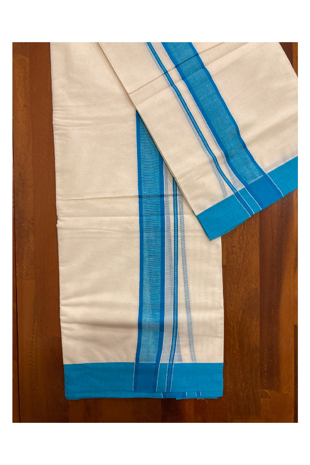 Kerala Cotton Mundum Neriyathum Double (Set Mundu) with Blue Border