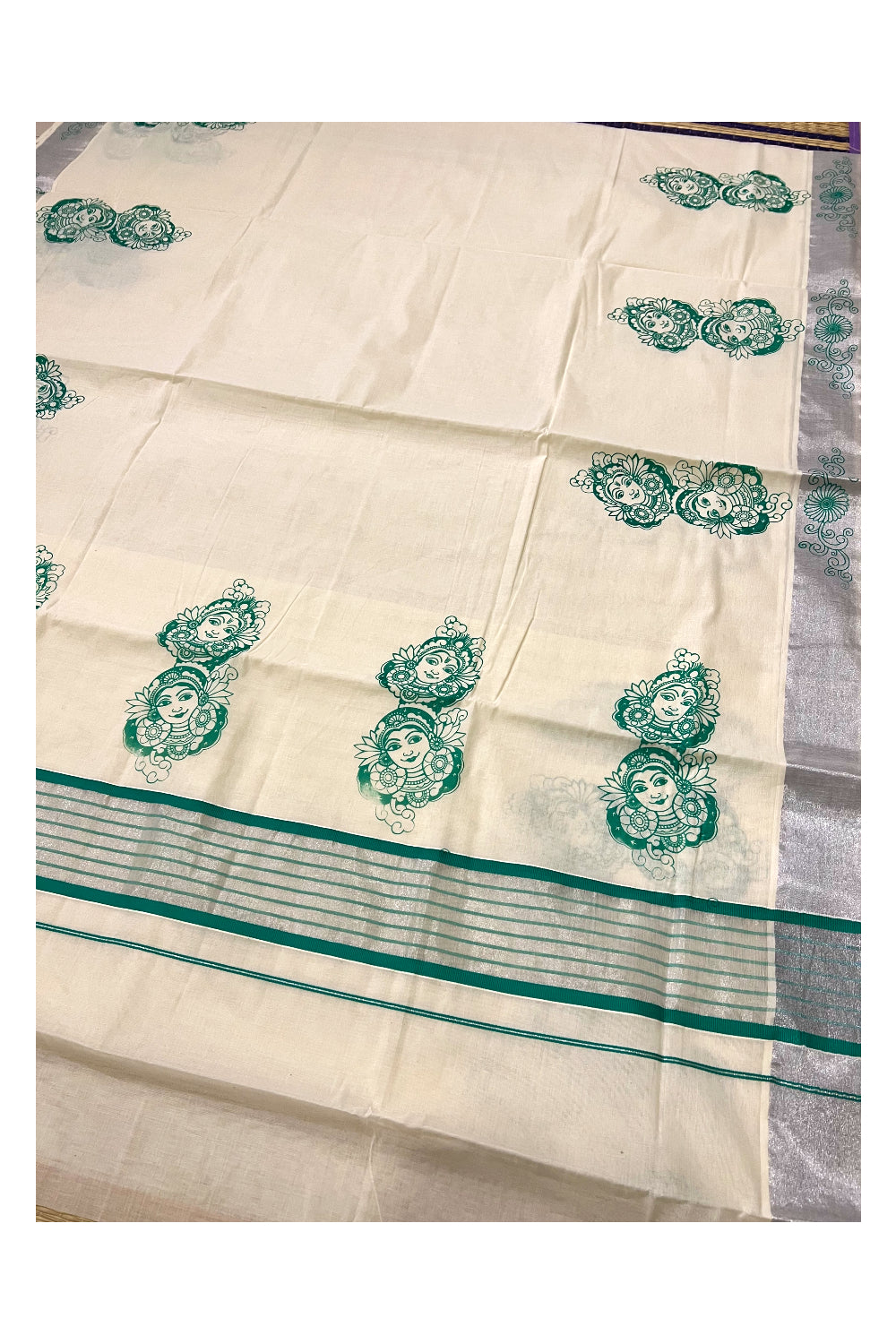 Pure Cotton Kerala Silver Kasavu and Green Border Saree with Krishna Radha Block Prints
