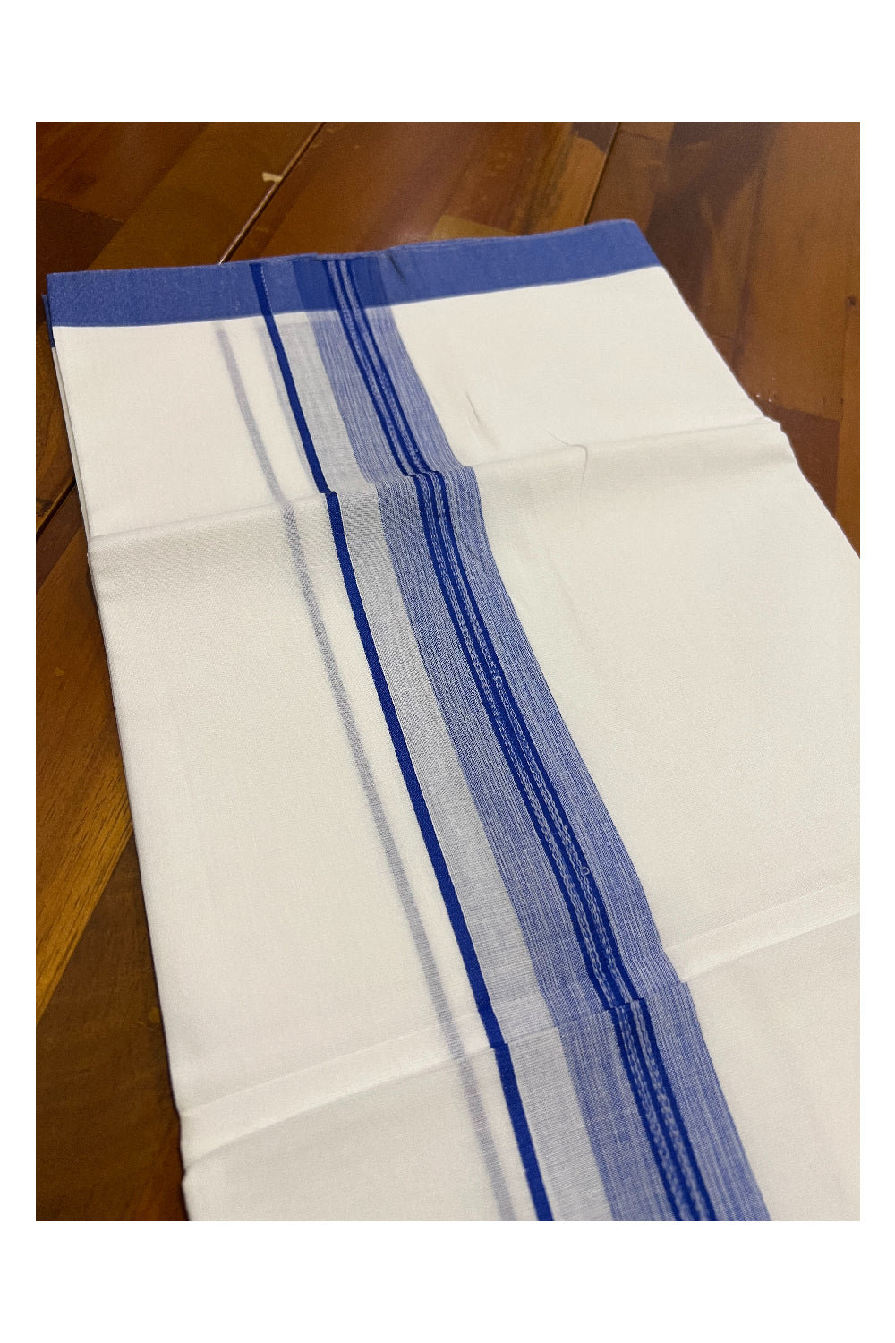 Pure White Kerala Cotton Double Mundu with Blue Border (South Indian Dhoti)