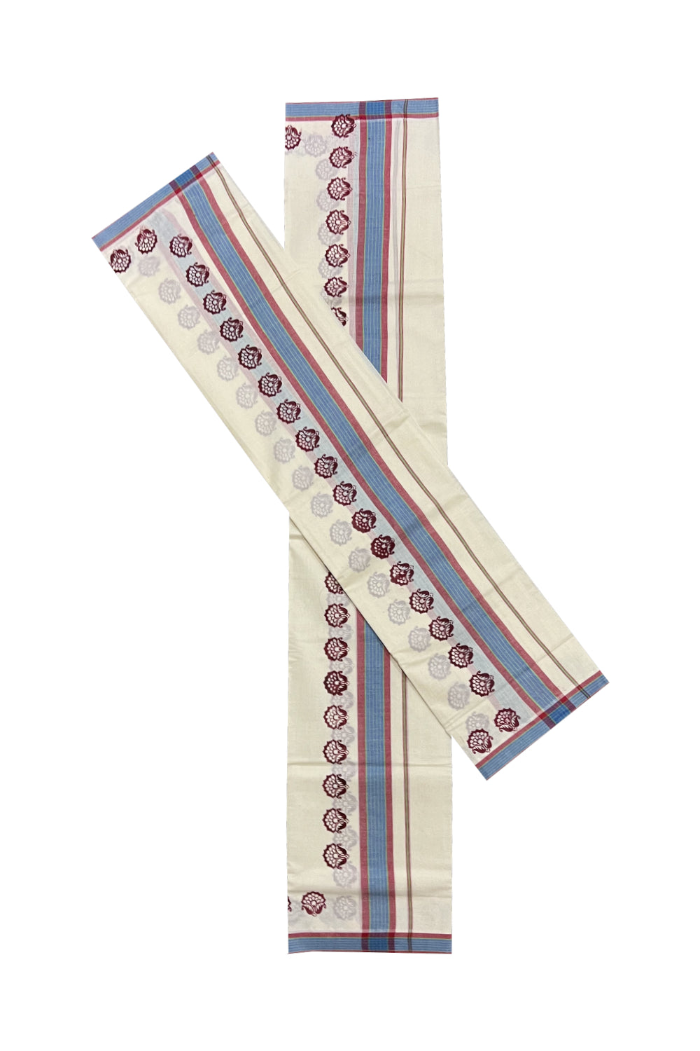 Kerala Cotton Mulloth Mundum Neriyathum Single (Set Mundu) with Maroon Floral Block Print Border (Extra Soft Cotton)