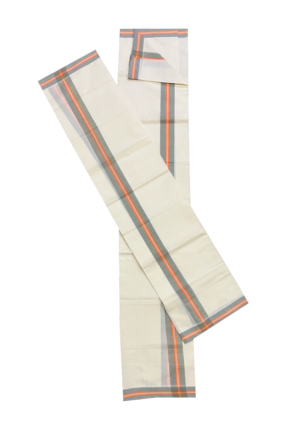 Kerala Cotton Mulloth Mundum Neriyathum Single (Set Mundu) with Grey and Orange Border (Extra Soft Cotton)