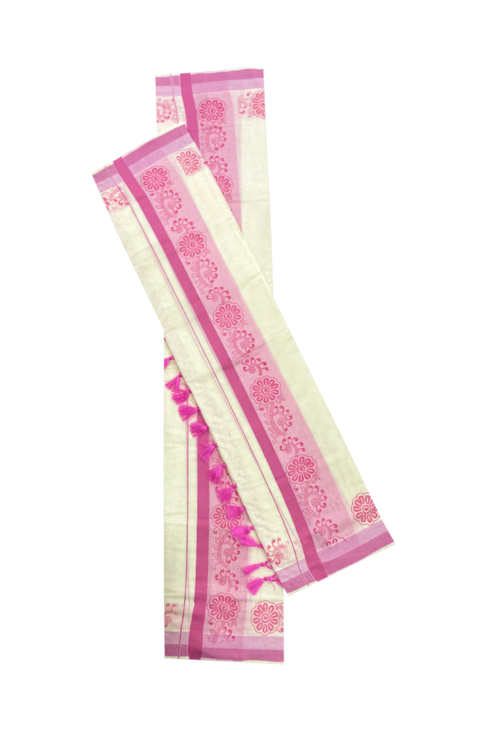 Kerala Cotton Mundum Neriyathum Single (Set Mundu) with Pink Floral Block Print Border and Tassels Work