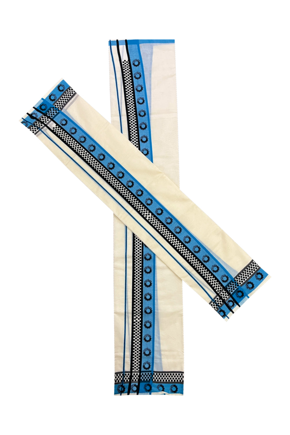 Kerala Cotton Single Set Mundu (Mundum Neriyathum) with Blue Black Block Prints on Border