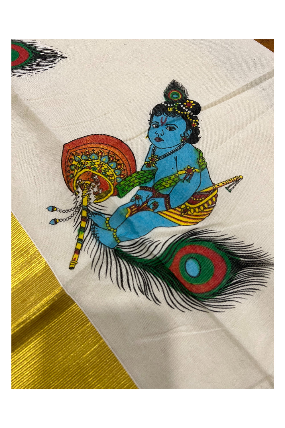 Pure Cotton Kasavu Set Mundu (Mundum Neriyathum) with Baby Krishna Mural Prints on Border 2.80 Mtrs
