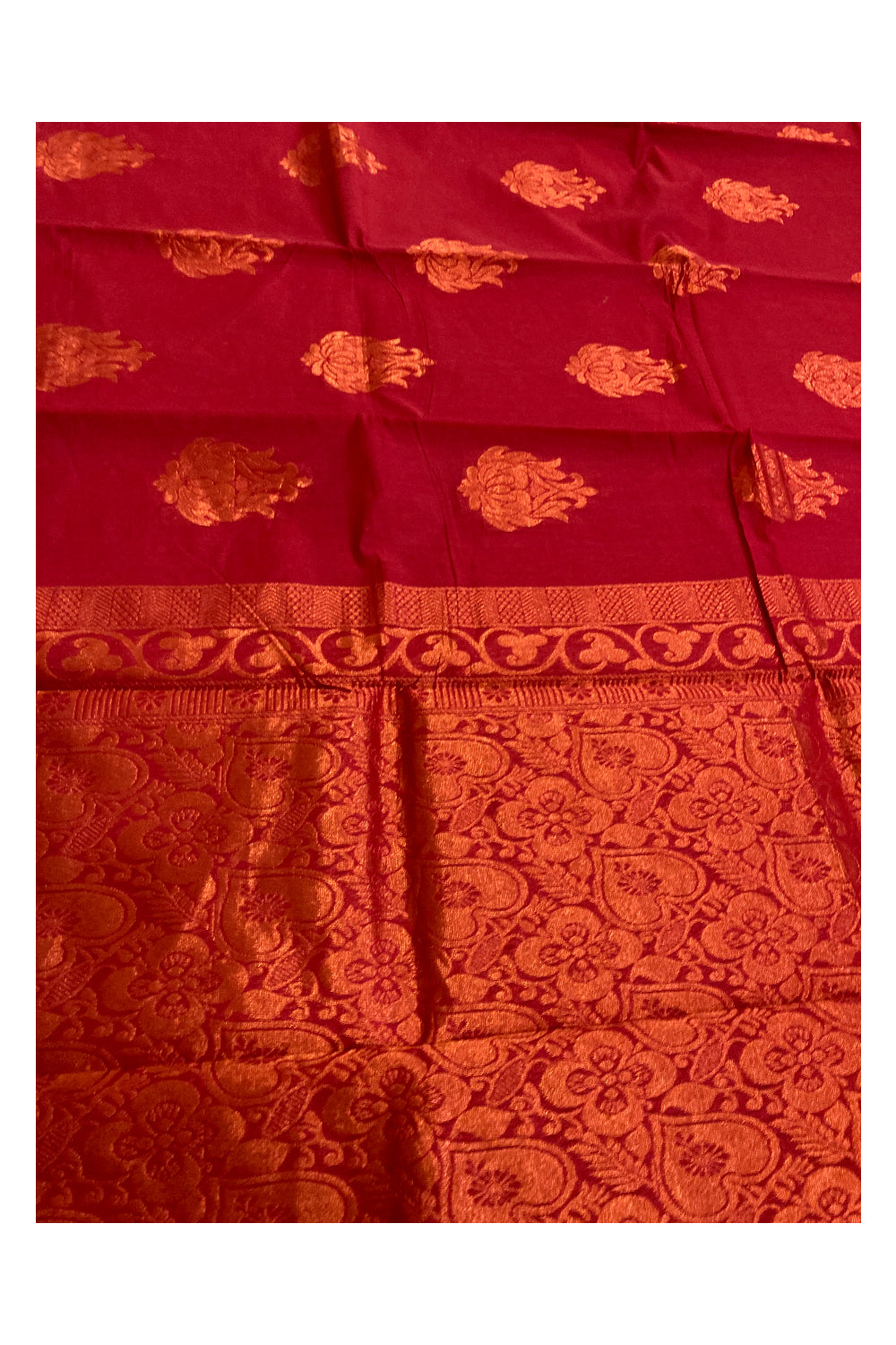 Southloom Cotton Silk Borderless Brick Red Designer Saree with Zari Motifs