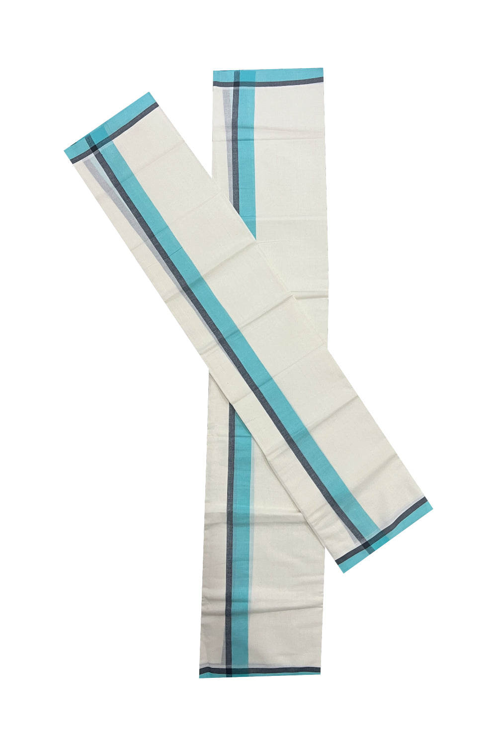 Kerala Cotton Mundum Neriyathum Single (Set Mundu) with Turquoise and Black Mulloth Border (Extra Soft Cotton)