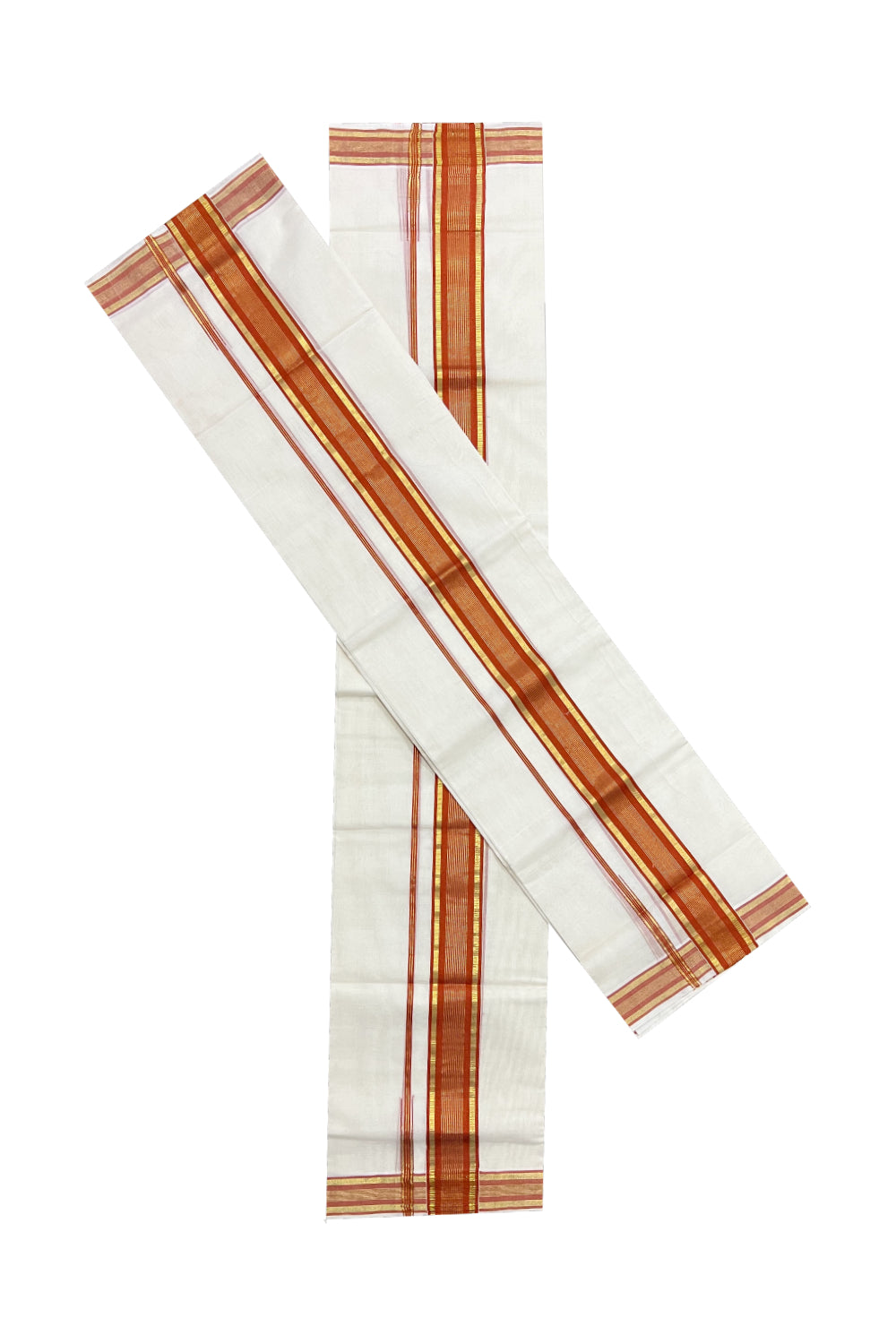 Southloom Premium Handloom Set Mundu with Kasavu and Orange Line Border 2.80 Mtrs