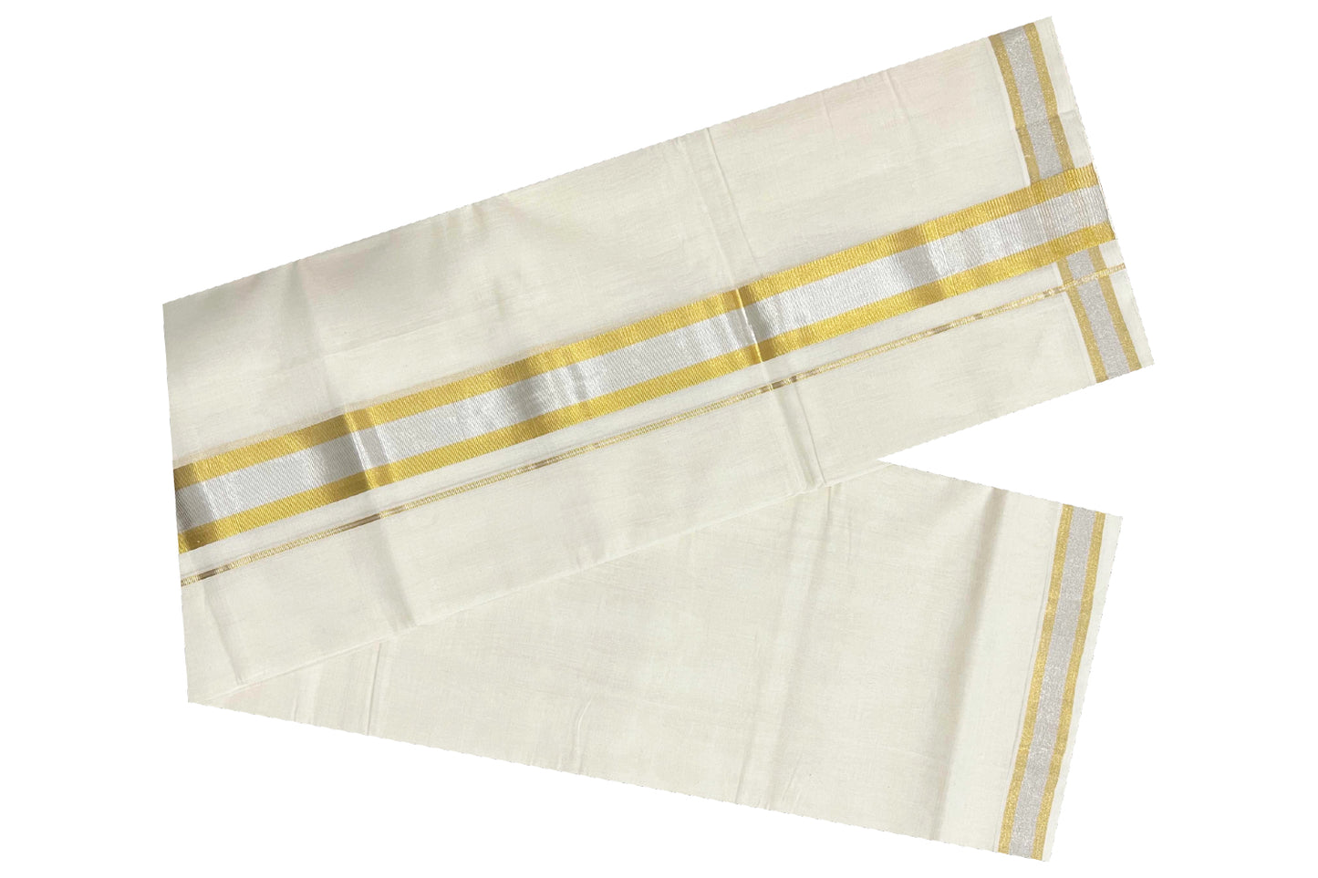 Southloom Balaramapuram Handloom Pure Cotton Wedding Mundu with Silver and Golden Kasavu Kara (South Indian Dhoti)