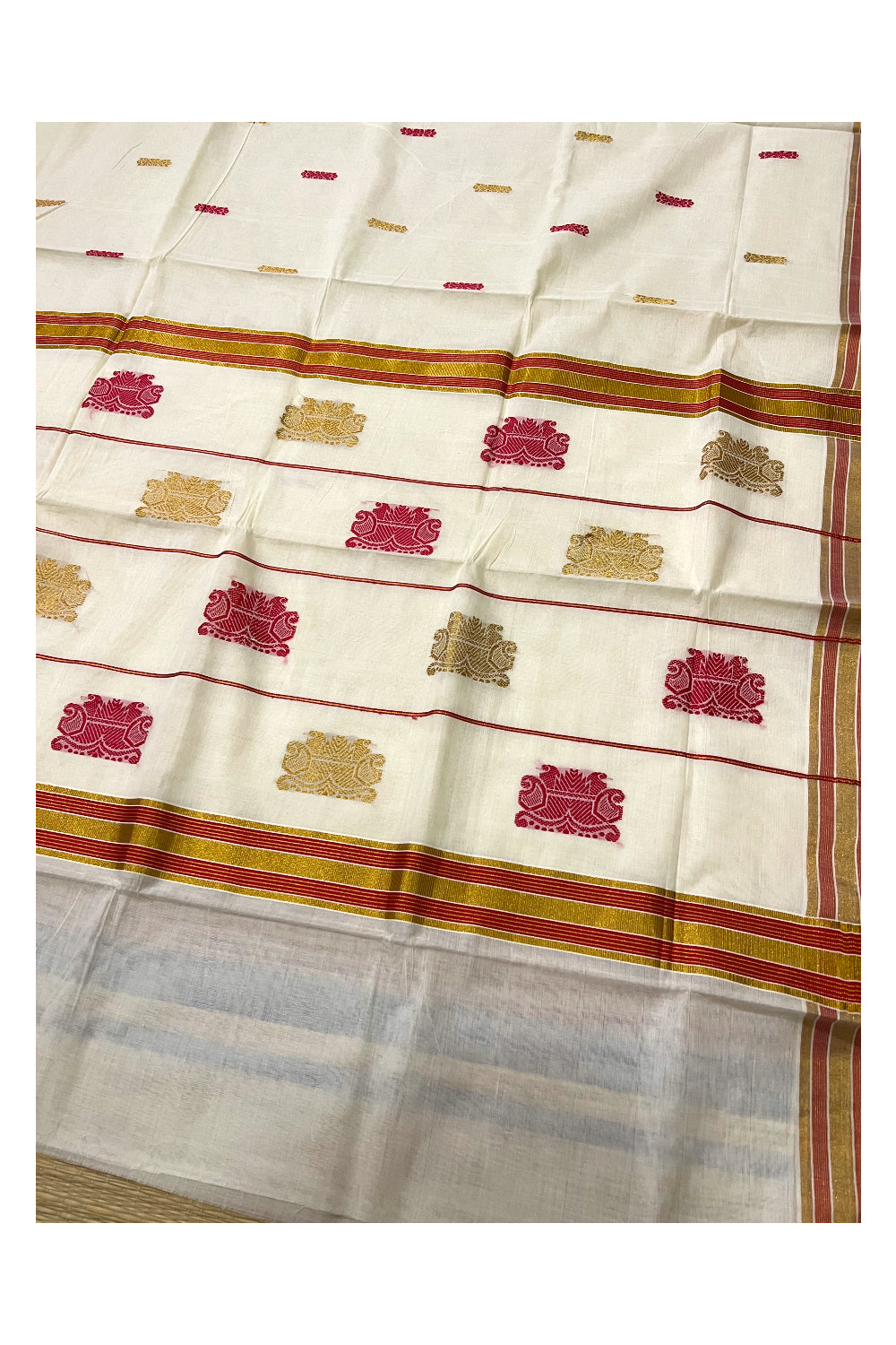 Southloom Pure Cotton Kerala Saree with Kasavu and Red Heavy Works