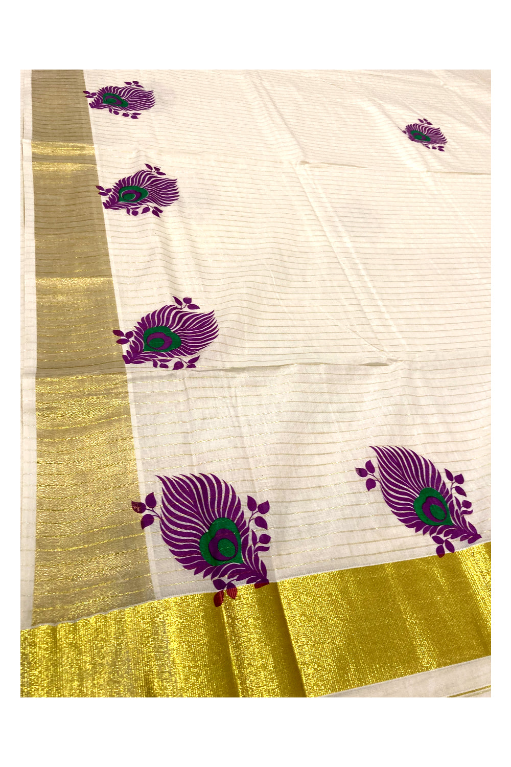 Pure Cotton Kerala Kasavu Lines Saree with Dark Magenta and Green Block Prints on Border