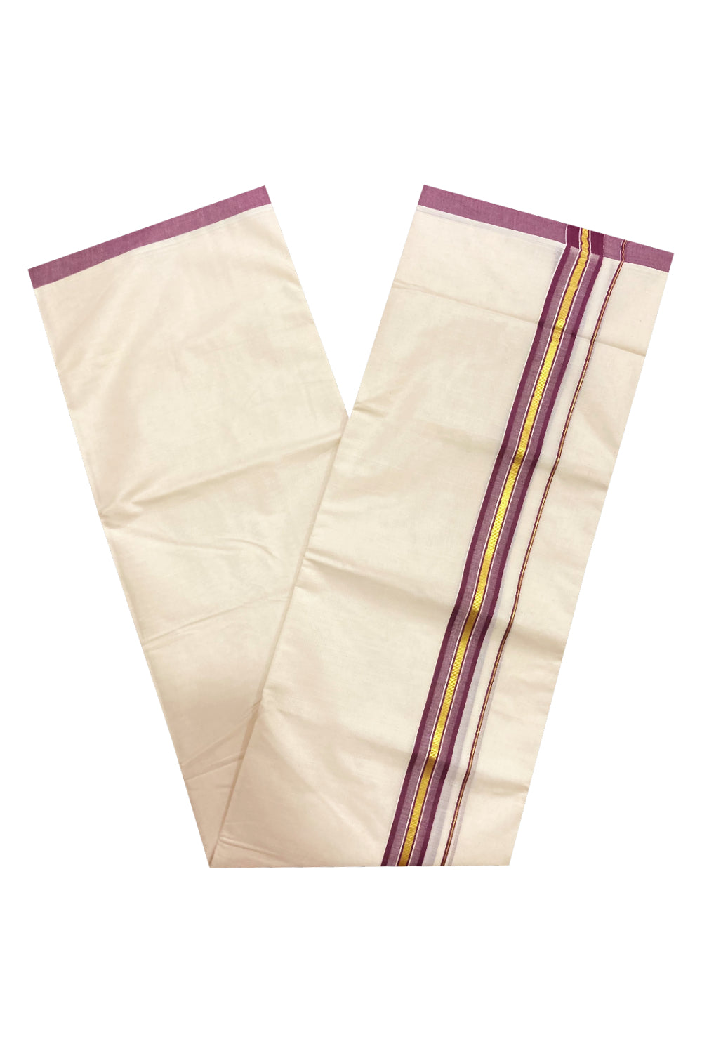 Pure Cotton Double Mundu with Purple and Kasavu Border (South Indian Dhoti)