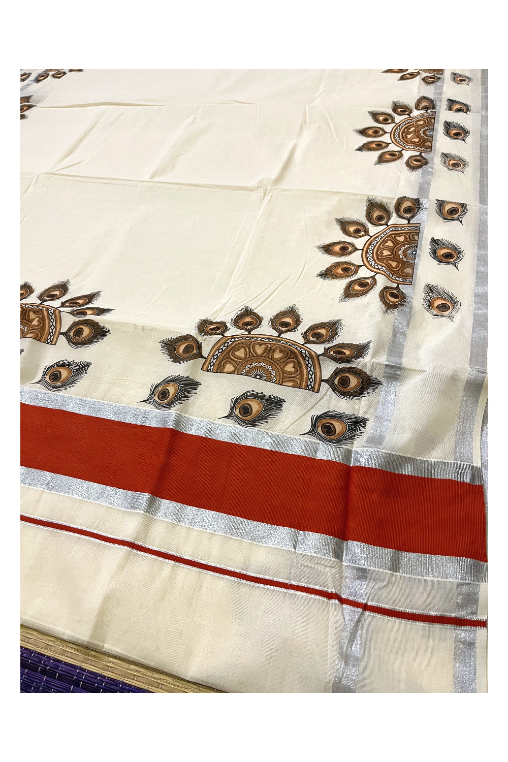 Pure Cotton Kerala Saree with Brown Peacock Feather Semi Circle Mural Prints and Silver Dark Orange Border