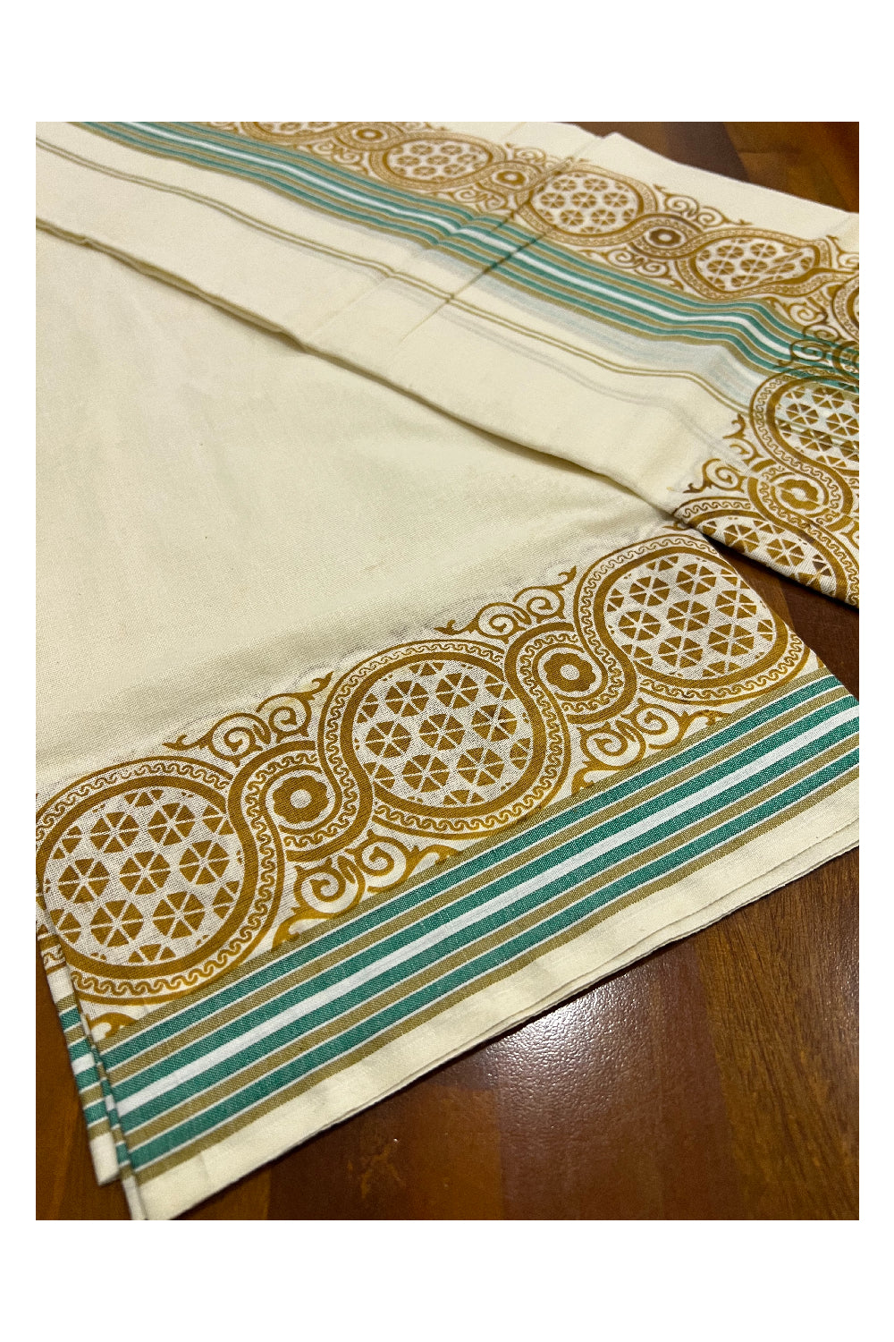 Southloom Mulloth Soft Cotton Set Mundu with Green Kara and Block Print