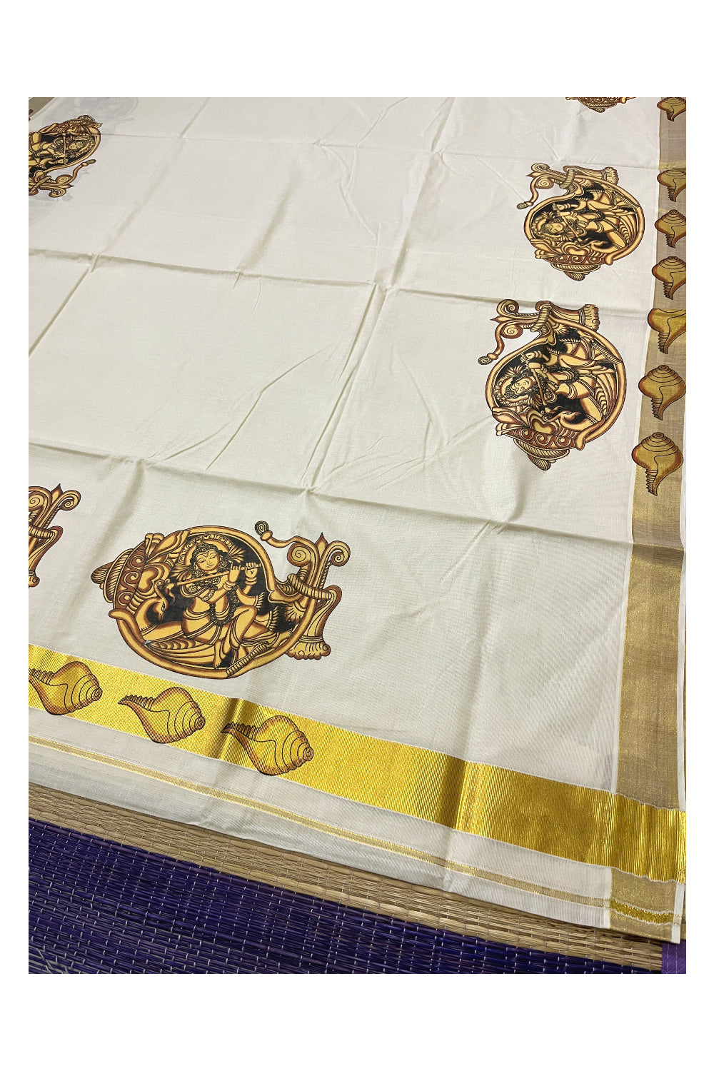 Kerala Pure Cotton Saree with Krishna and Shell Mural Prints and Printed Kasavu Border