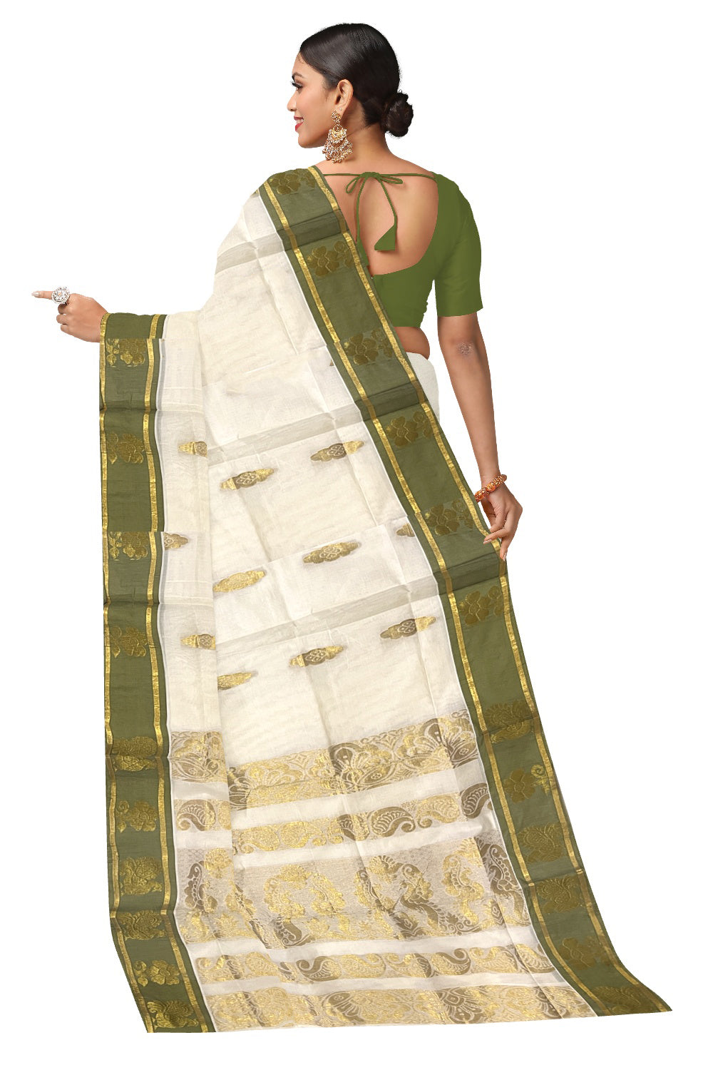 Kerala Kasavu Heavy Woven Work Cotton Saree with Green Border (Onam Saree 2023)