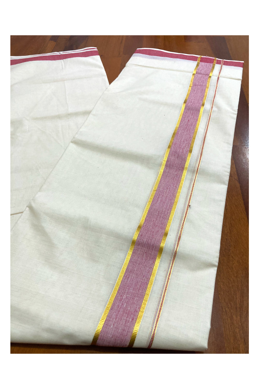 Pure Cotton Double Mundu with Red and Kasavu Border (South Indian Dhoti)