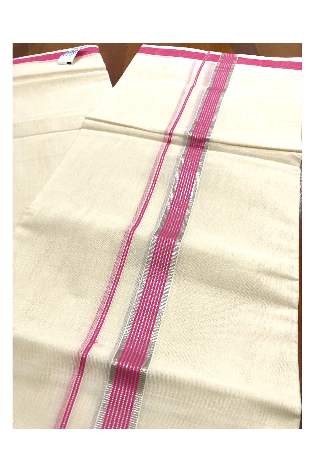 Southloom Premium Handloom Pure Cotton Mundu with Pink and Silver Kasavu Border (South Indian Kerala Dhoti)