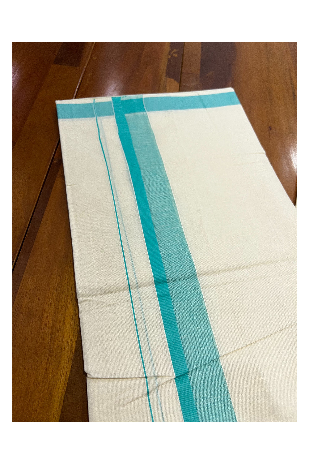 Off White Pure Cotton Double Mundu with Turquoise Shaded Kara (South Indian Dhoti)