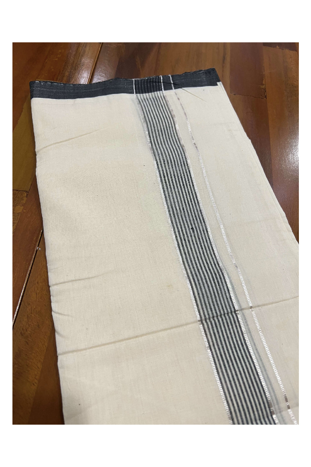 Southloom Balaramapuram Pure Cotton Handloom Mundu with Silver Kasavu and Black Lines Border