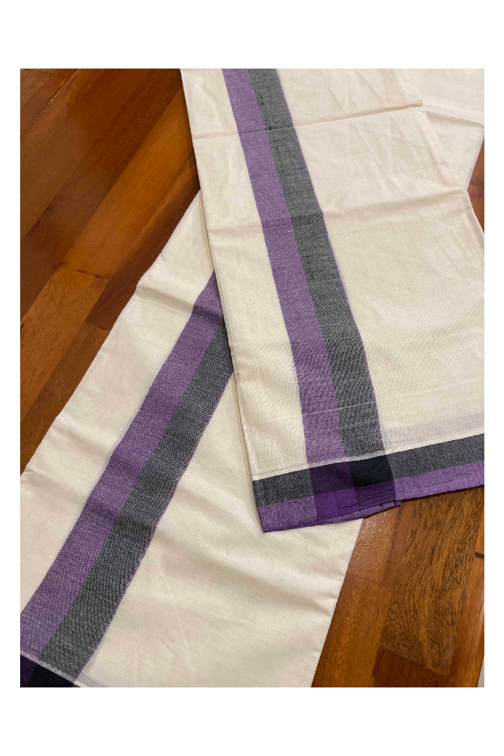 Kerala Cotton Mundum Neriyathum Single (Set Mundu) with Mulloth Design Purple and Black Border (Extra Soft Cotton)