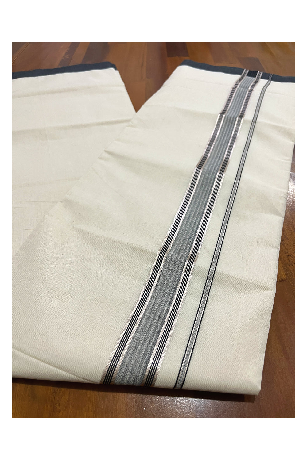 Pure Cotton Off White Double Mundu with Black and Silver Kara (South Indian Dhoti)