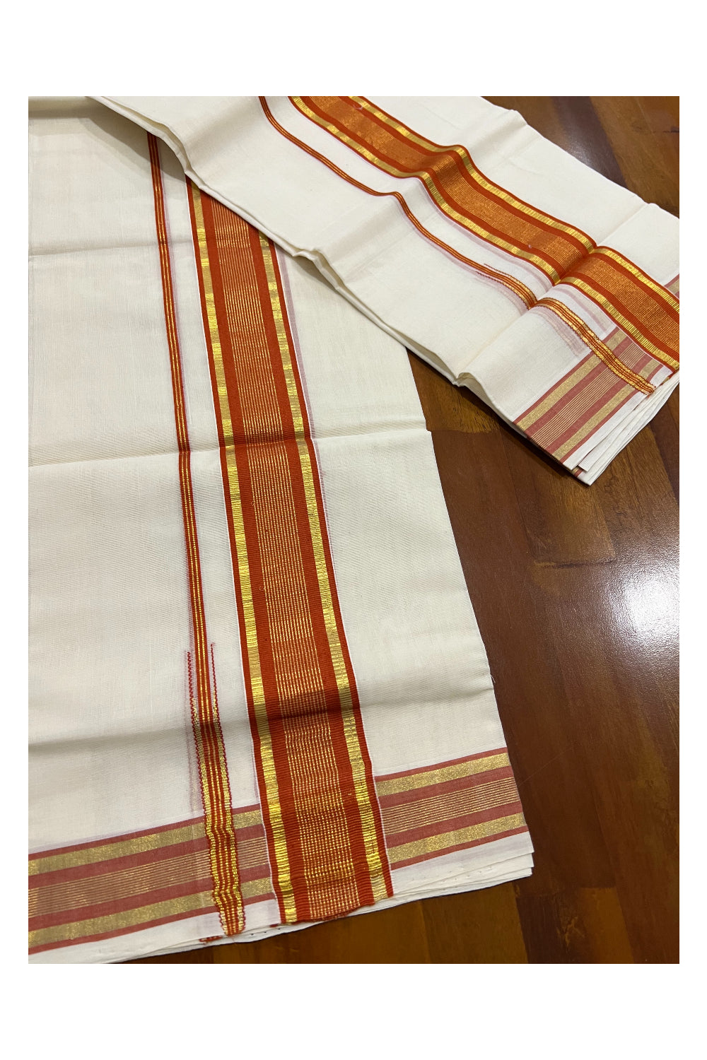 Southloom Premium Handloom Set Mundu with Kasavu and Orange Line Border 2.80 Mtrs