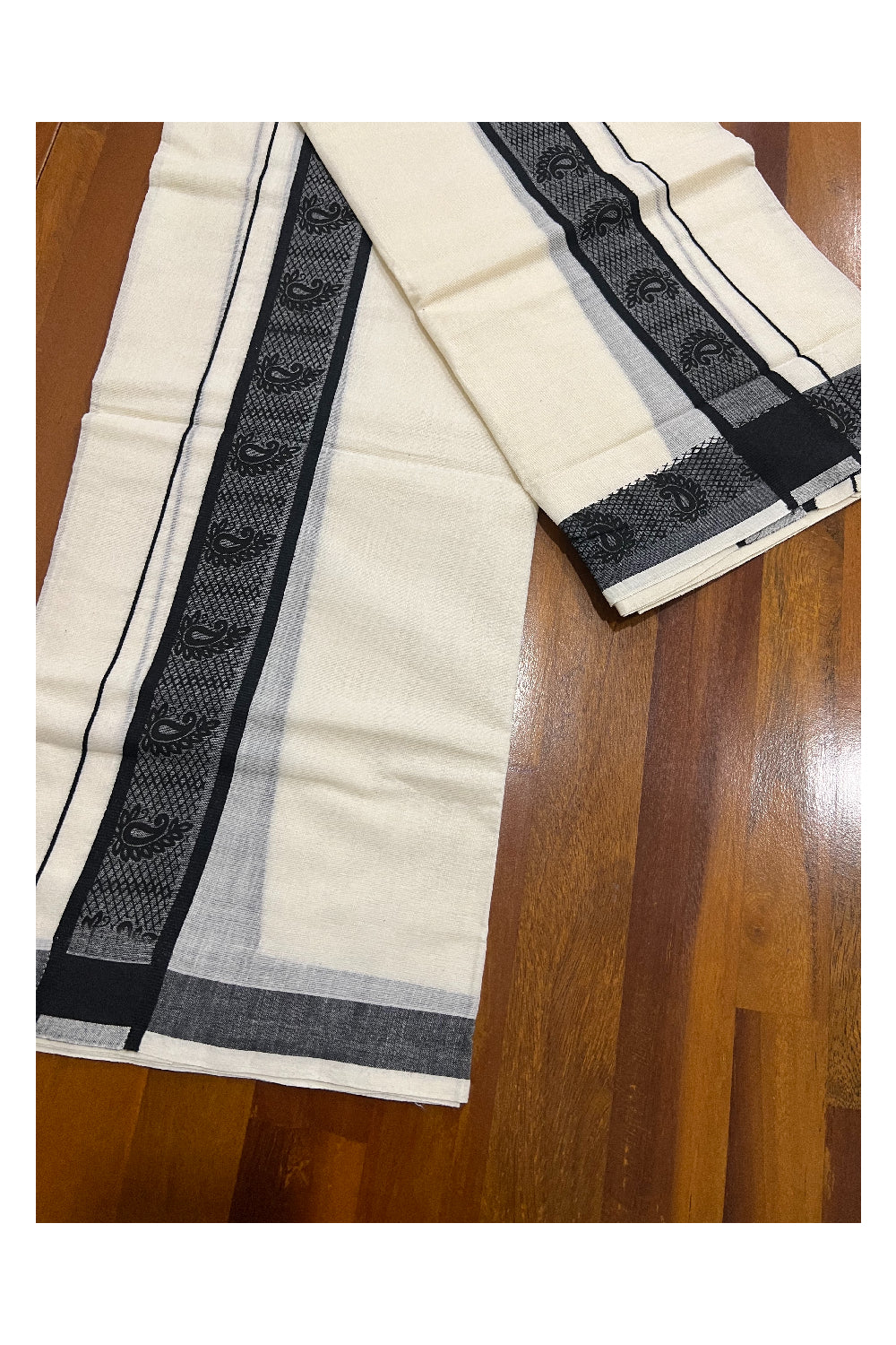 Kerala Cotton Set Mundu (Mundum Neriyathum) with Black Paisley Block Printed Border