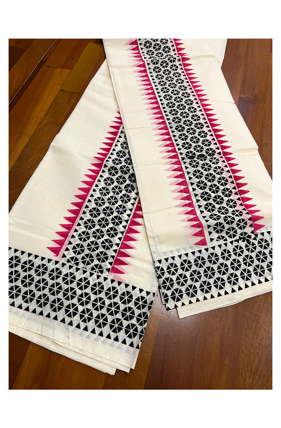 Kerala Cotton Set Mundu (Mundum Neriyathum) with Black Block Prints and Red Temple Border