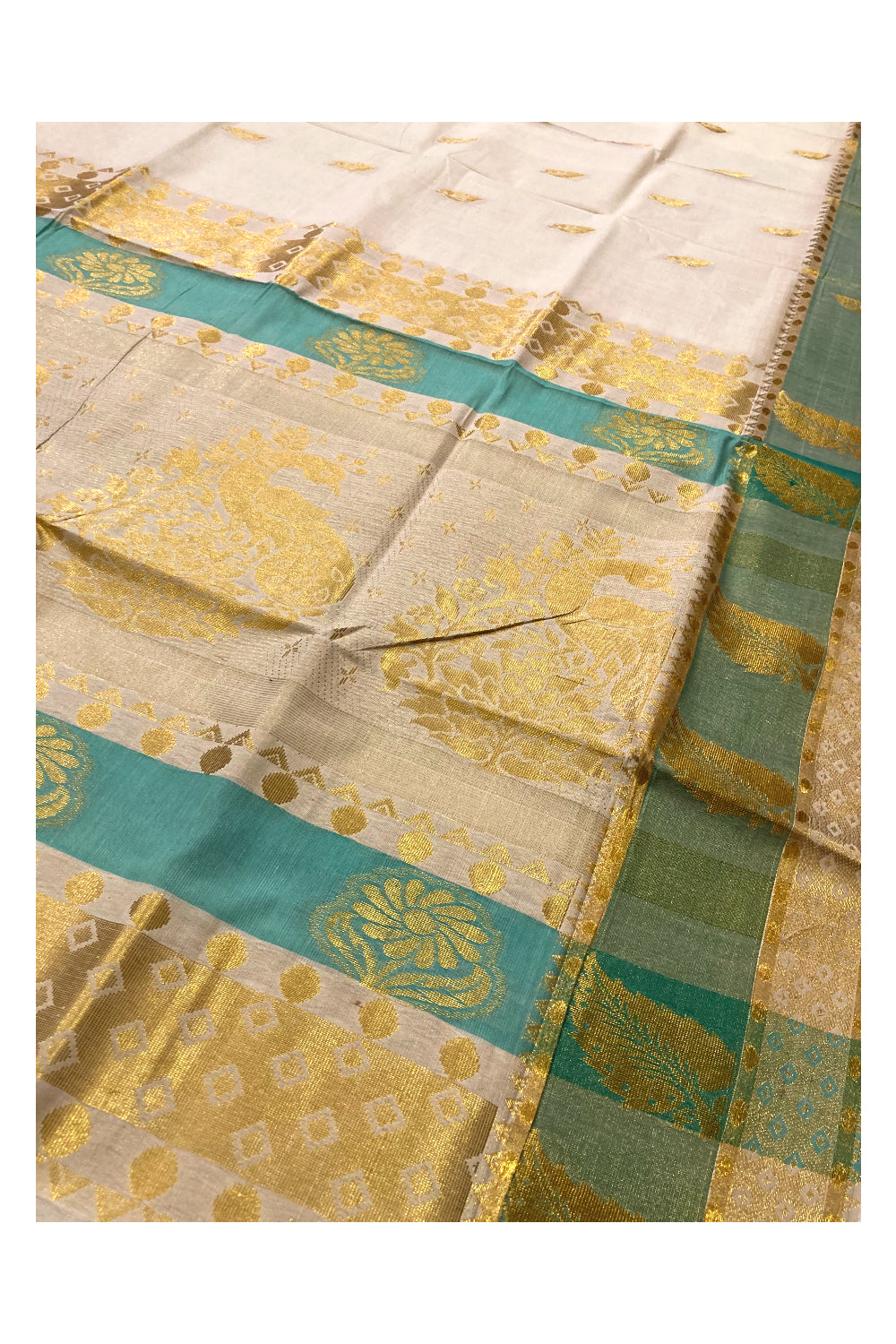 Pure Cotton Kerala Saree with Kasavu and Turquoise Floral Heavy Woven Works