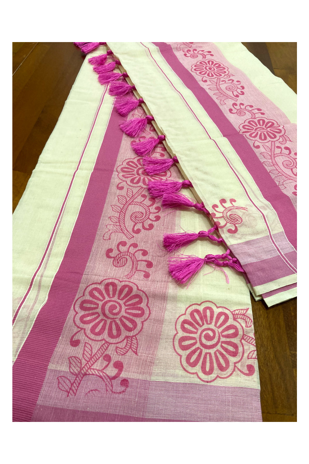 Kerala Cotton Mundum Neriyathum Single (Set Mundu) with Pink Floral Block Print Border and Tassels Work