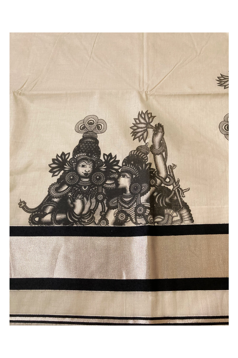 Kerala Pure Cotton Silver Kasavu Saree with Krishna Radha Mural Prints