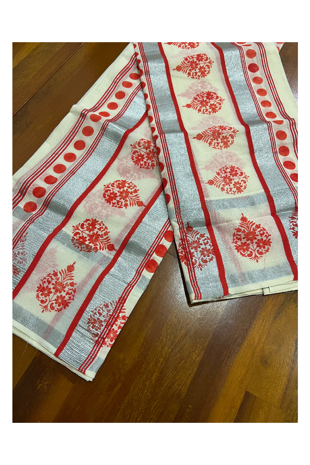 Kerala Cotton Silver Kasavu Set Mundu (Mundum Neriyathum) with Orangish Red Floral Block Print Heavy Border