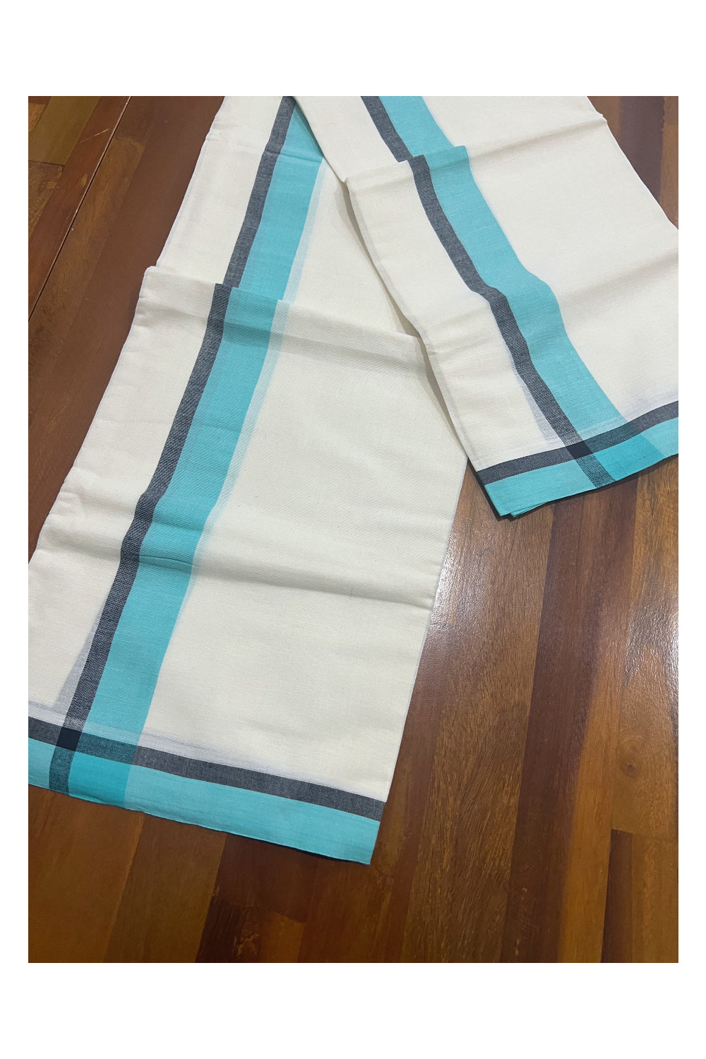 Kerala Cotton Mundum Neriyathum Single (Set Mundu) with Turquoise and Black Mulloth Border (Extra Soft Cotton)