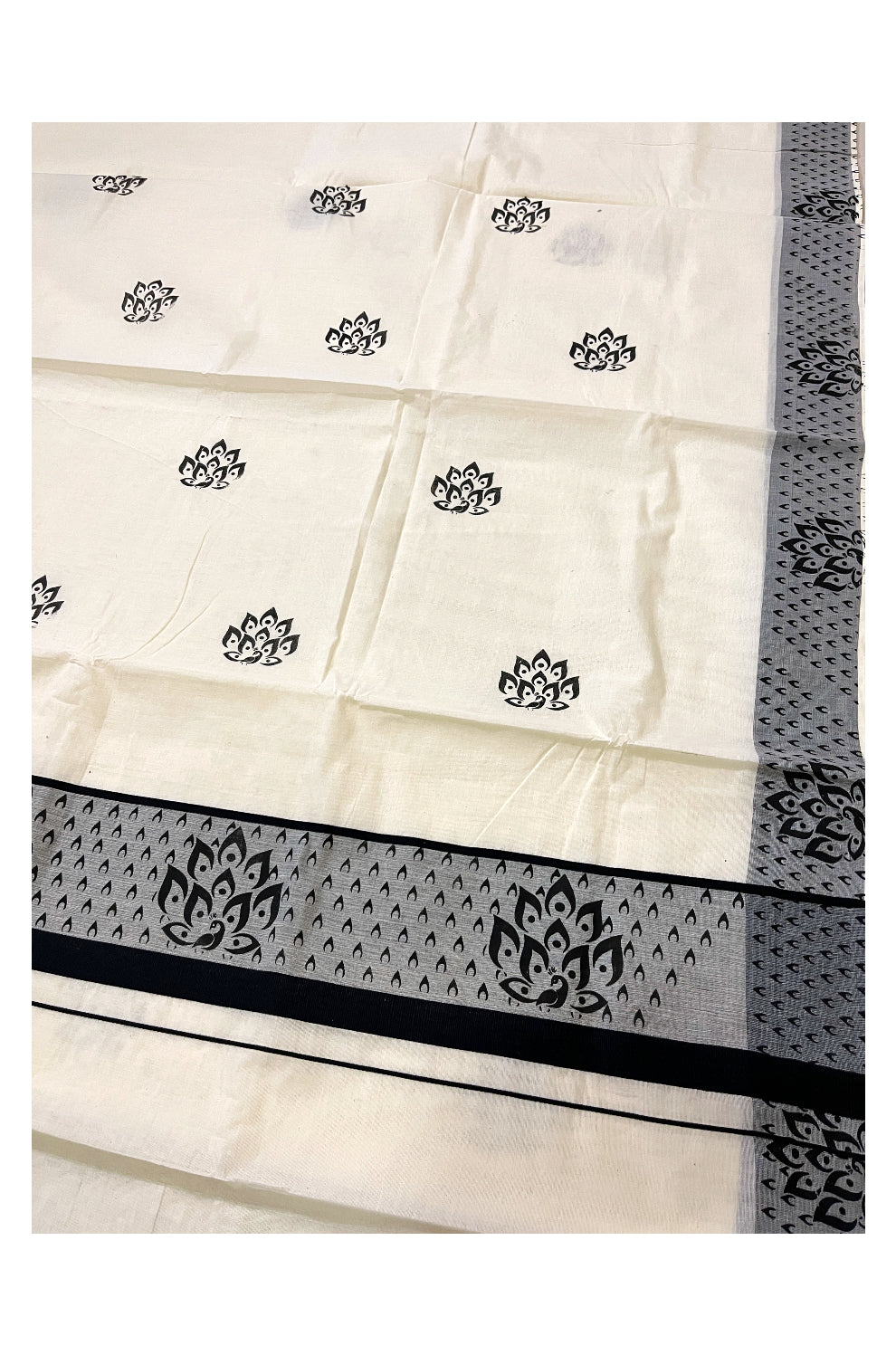 Pure Cotton Off White Kerala Saree with Black Block Prints on Border