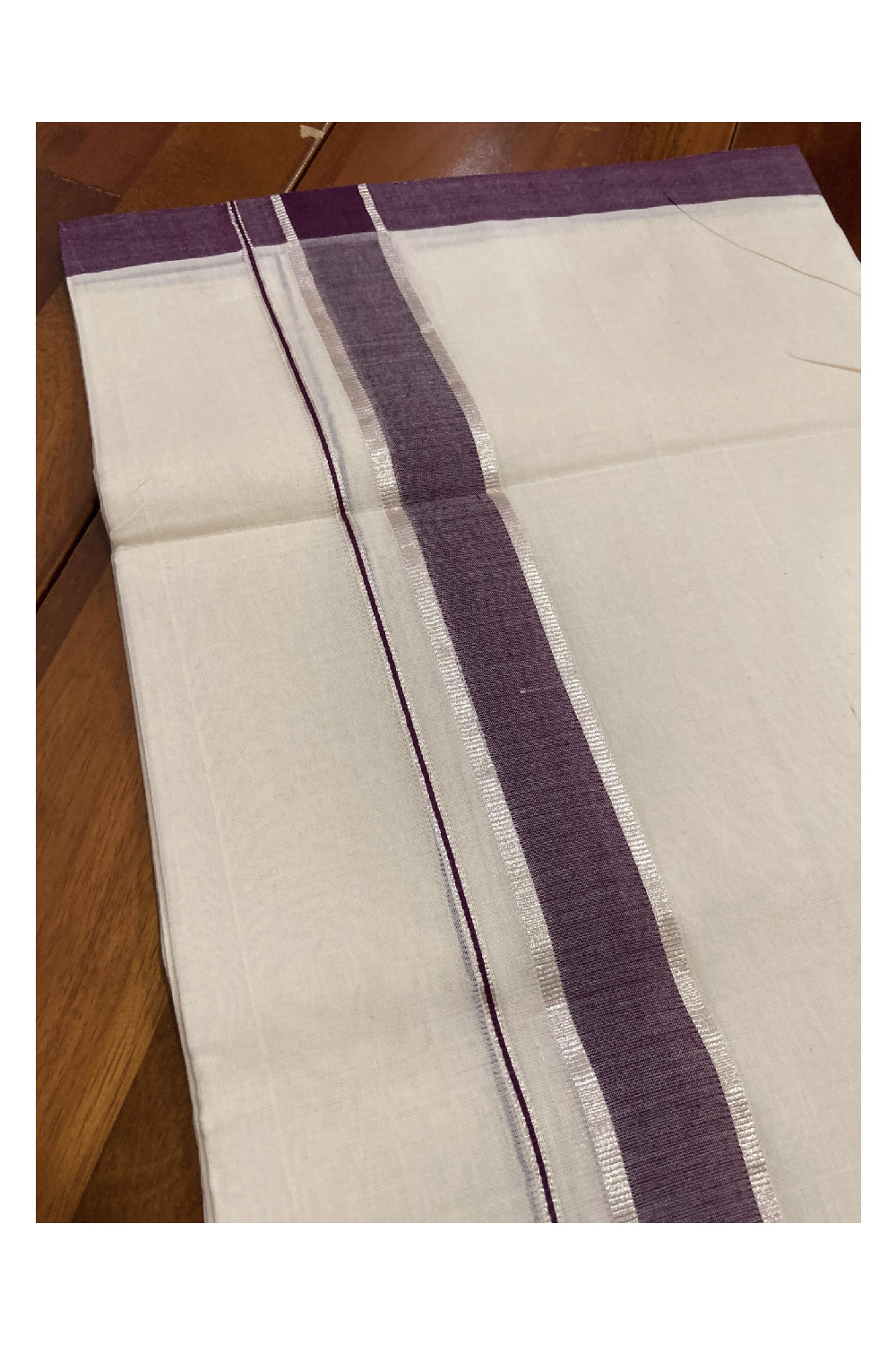 Southloom Balaramapuram Unakkupaavu Premium Handloom Mundu with Purple and Silver Kasavu Border