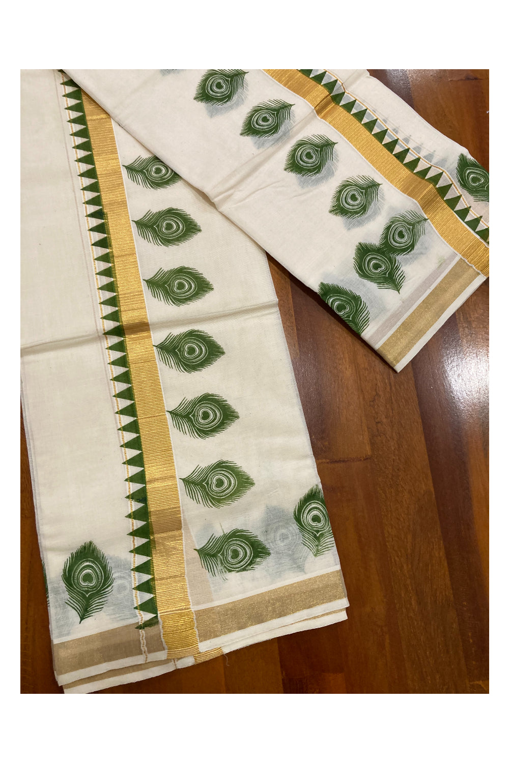 Kerala Cotton Kasavu Set Mundu (Mundum Neriyathum) with Green Feather and Temple Block Prints on Border