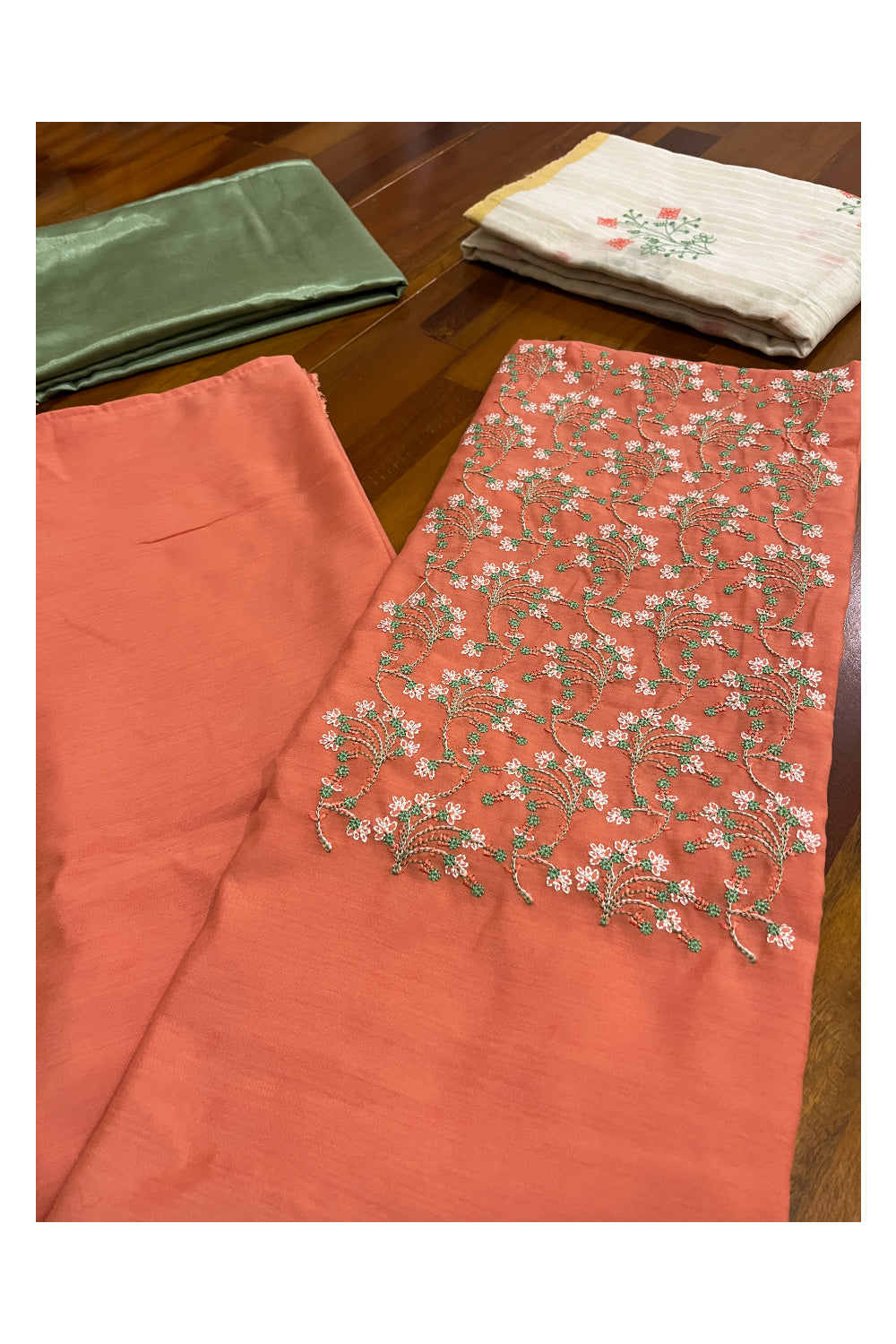 Southloom™ Cotton Churidar Salwar Suit Material in Peach with Floral Thread Works