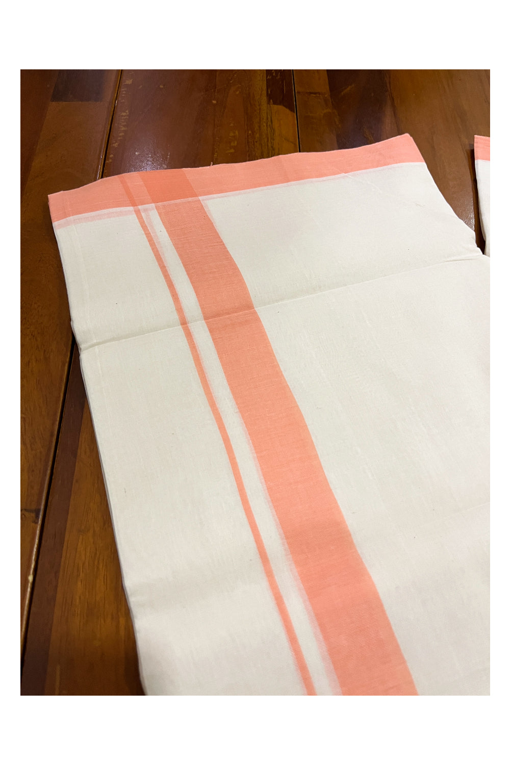 Southloom Premium Unakkupaavu Handloom Mundu with Peach Border (South Indian Kerala Dhoti)