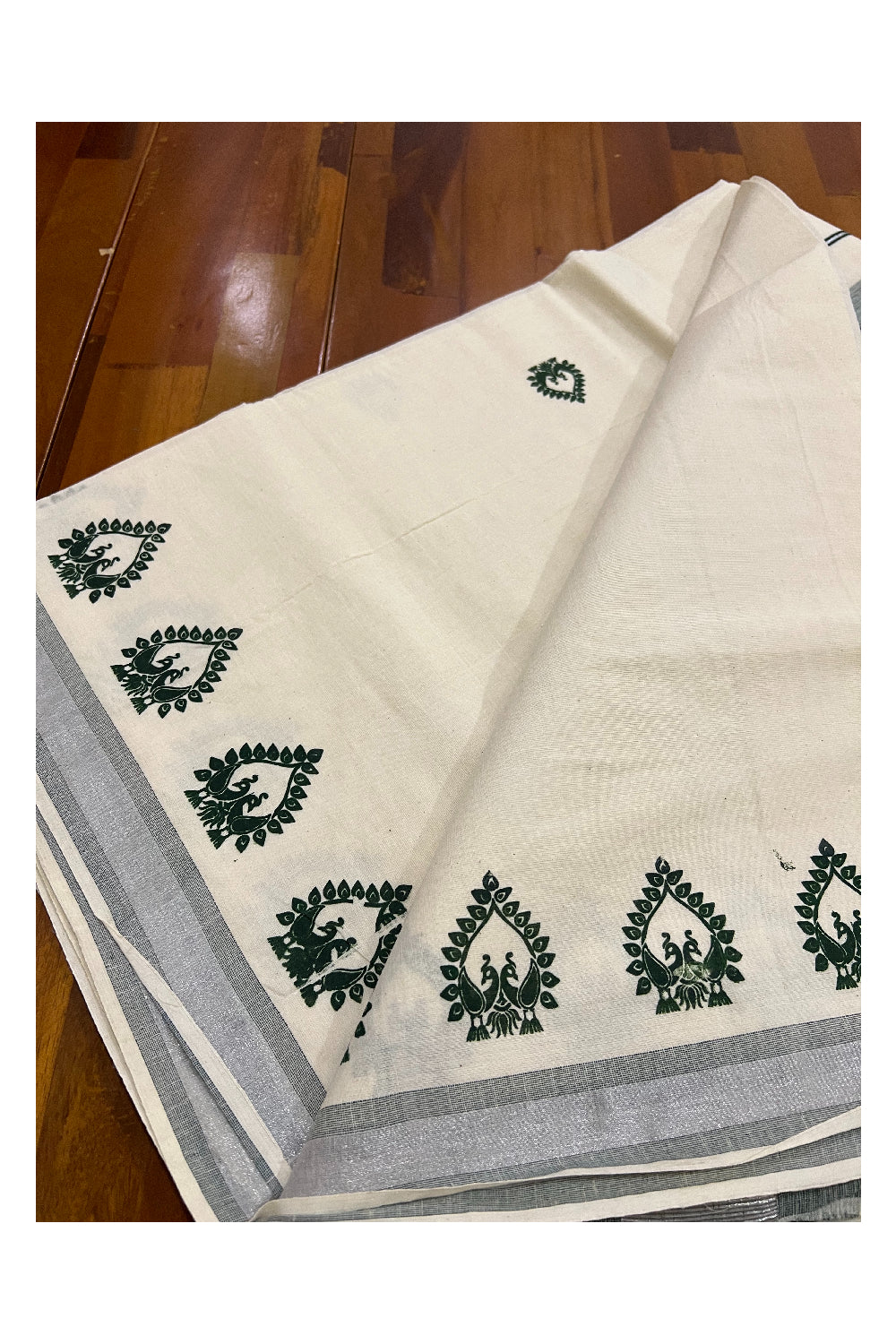 Kerala Silver Kasavu Saree with Green Block Print Design