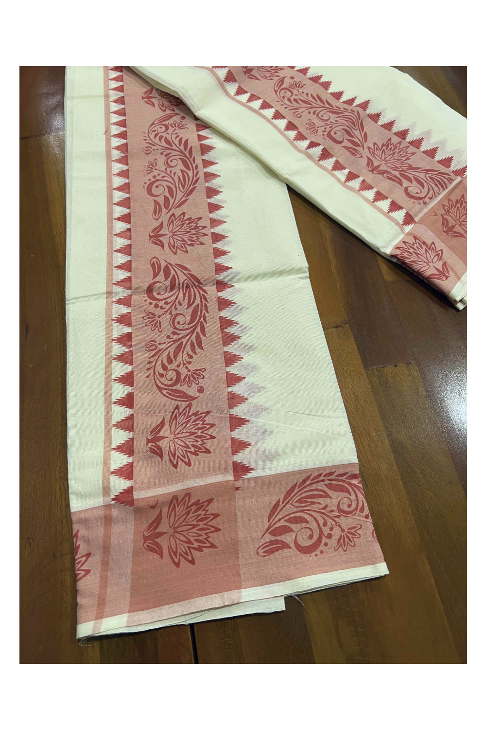 Kerala Cotton Set Mundu (Mundum Neriyathum) with Pink Floral Block Printed Temple Border