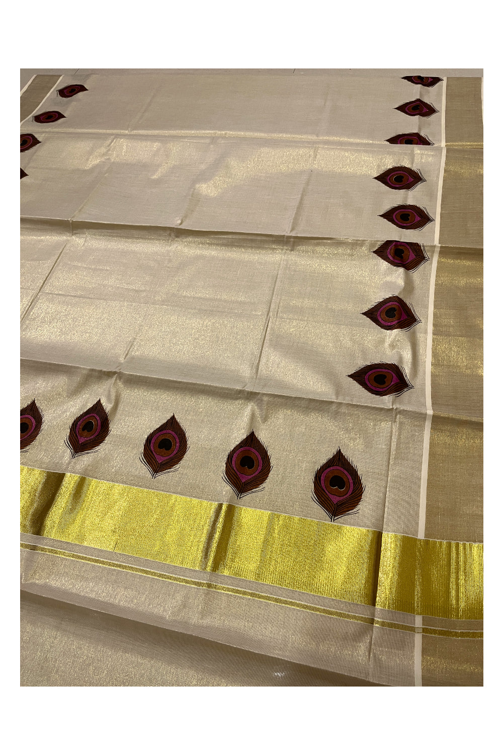 Kerala Tissue Kasavu Brown Feather Block Printed Design Saree